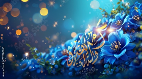 Calligraphy for Eid Mubarak with blue arabesque flowers and glitter effect