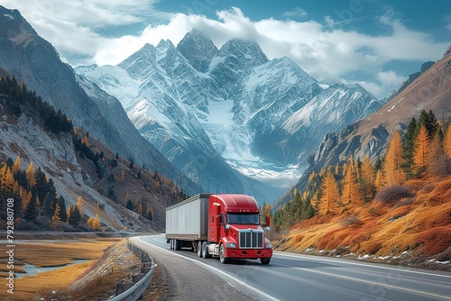 A trucker guiding their semi-truck through a challenging mountain pass, cliffs rising on one side and a sheer drop on the other