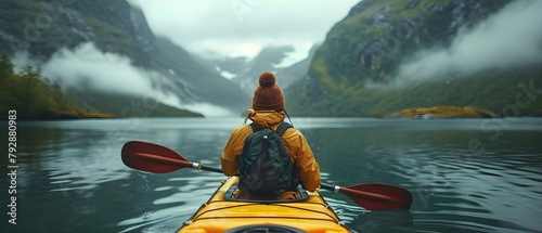 A peaceful view of a girl in a canoe surrounded by fjords from behind. Concept Nature, Canoeing, Fjords, Peaceful Setting