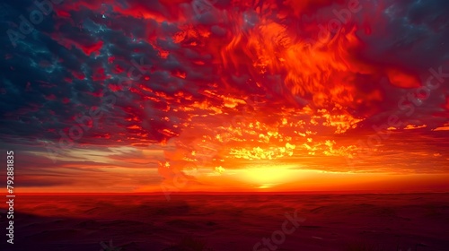 Vivid sunset sky filled with fiery red and orange clouds. Serene natural beauty captured in a scenic landscape photo. Ideal for backgrounds and nature themes. AI