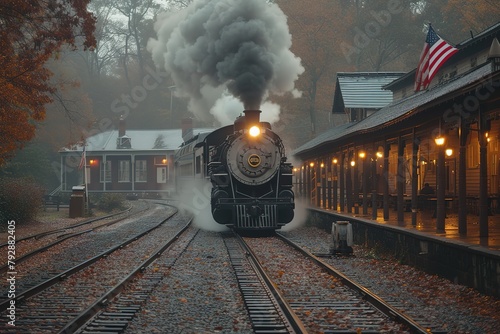 A vintage passenger train departing from a classic train station, puffing steam and waving flags