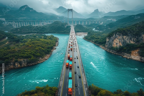 An aerial view of a convoy of semi-trucks crossing a grand suspension bridge spanning a wide river