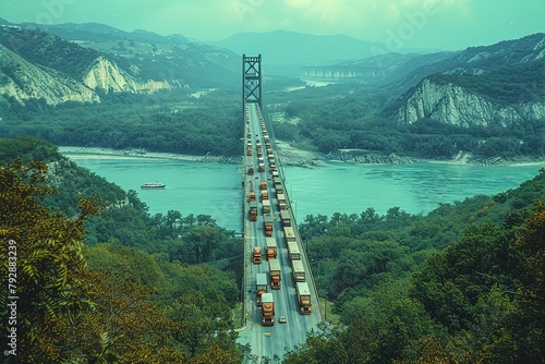 An aerial view of a convoy of semi-trucks crossing a grand suspension bridge spanning a wide river