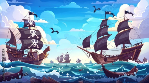 Pirate ship and galleon before and after sea battles. Sailboat battles with cannon fire. Modern cartoon set of wooden ships with folded sails, with black flags, with broken sails after a storm or