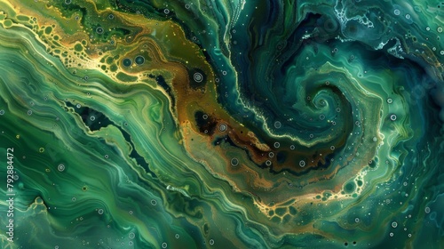 A microscopic view of a large algal bloom with small s of cells forming a swirling pattern. The vibrant colors of the algae appear