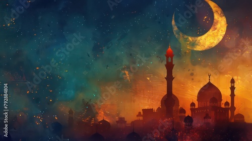 Illustration of Ramadan lantern and mosque with watercolor style against a dark background. 