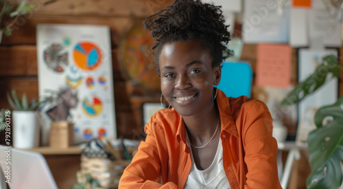 A motivated Afro-American startup leader girl poses for a portrait at her home workplace table, which is covered with marketing financial reports and a laptop computer. 