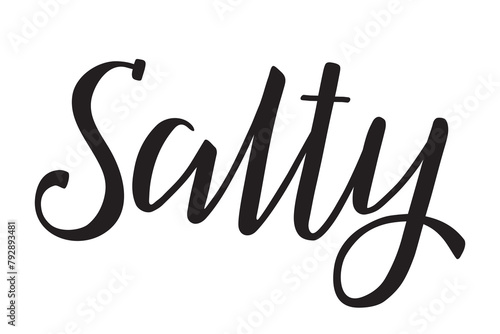 Salty. Handwritten lettering. Inscription in English. Modern brush ink calligraphy. Black isolated word on white background. Vector text. Label for salty foods and snacks.