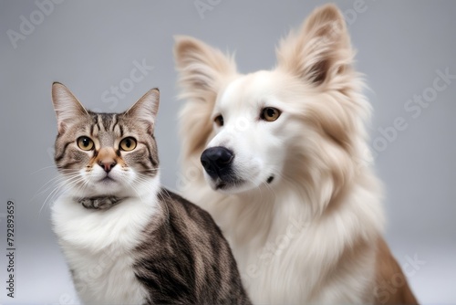 'cat dog white head heads background front pet isolated felino young kitten indoor panoramic pug copy space puppy cut-out cropped view mammal no people purebred animal themes canino pedigree domestic'