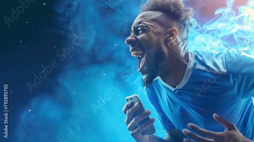 Soccer player exhaling smoke while playing a game on the field in action with open mouth
