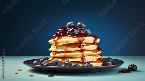 A stack of pancakes with blueberries and syrup on a blue background.