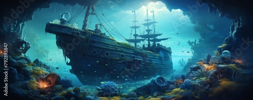 A sunken pirate ship lies on the ocean floor, encrusted with coral and surrounded by schools of fish.