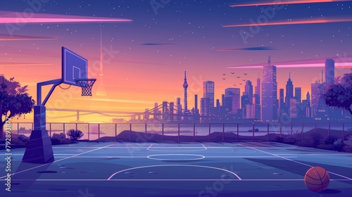 Cartoon modern background with a sunset street basketball court and cityscape skyline. Empty school team arena stadium coast view with a sundown skyscraper view.