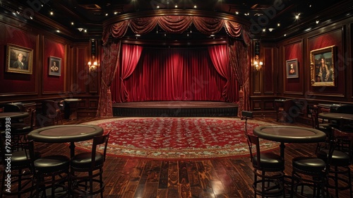 Casino Interiors: A photo of a casino showroom, with a stage set for a performance and audience seating