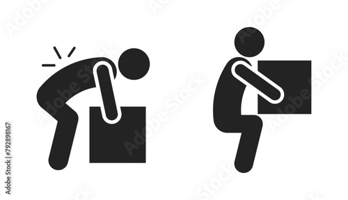 Bundle set of pictogram right and wrong way to lift heavy box, for backpain safety sign