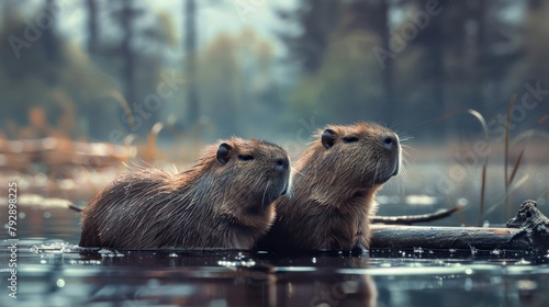 cute group of capybaras in a lake on a log during the day in high resolution and quality