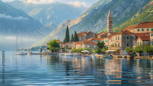 Beautiful view of Perast town in Kotor bay Montenegro.