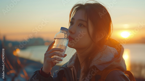 Happy slim woman drinking water after workout exercising in the city at sunrise. Young beautiful asian drinking water after jogging running outdoor. Healthy and active lifestyle concept.