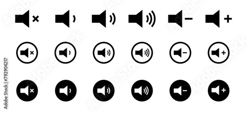 Volume icons set. Speaker simple icon. Black volume audio icons.