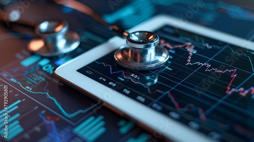 Stethoscope and medical documents on a digital tablet with a stock market graph, depicting a business concept for the healthcare industry