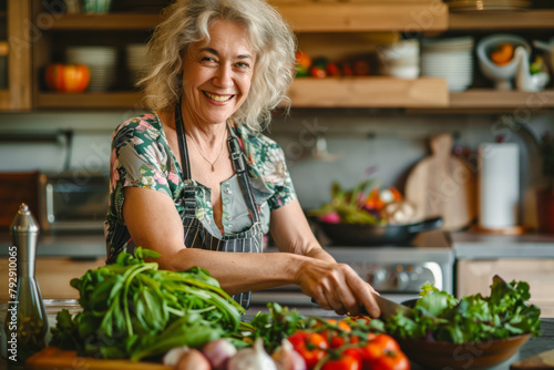 Amidst her cooking routine, a happy and attractive middle-aged woman prepares a dietary vegetarian salad for dinner, selecting organic ingredients with care. As she chops fresh vegetables