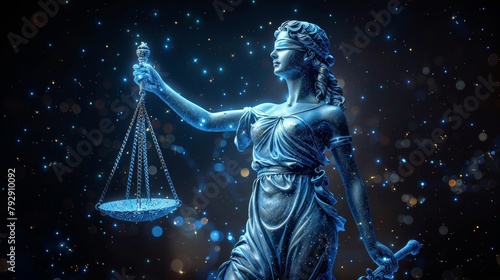 Graphic of low poly justice goddess with futuristic astrological element of Libra horoscope sign in twelve zodiac signs