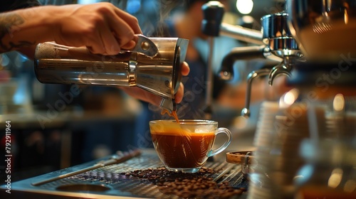 A barista is serving a coffee