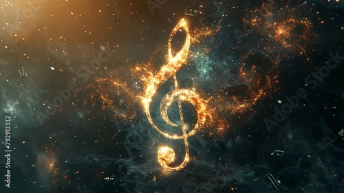 The origin of life with a sound, birth, big bang in the shape of a treble clef, with luminous musical notes