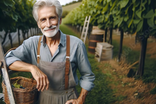 man in a blue shirt and apron stands in a vineyard