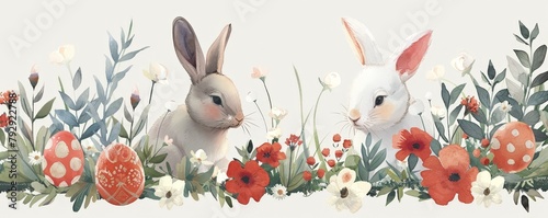 Springtime Easter card design with eggs, bunnies, and fresh blooms
