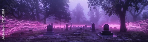 A conceptual art installation in a historic graveyard, featuring neon purple wires that connect various graves, symbolizing the interconnected stories of those who are buried there