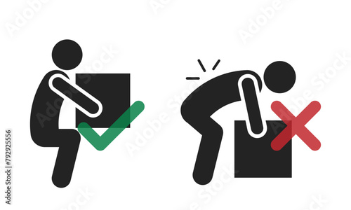 Bundle set of pictogram right and wrong way to lift heavy box, for backpain safety sign