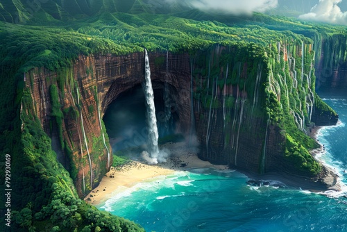 Majestic Waterfall Cascading Down Tropical Cliff into Crystal Blue Ocean Cove Surrounded by Lush Greenery