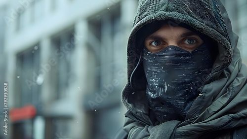 A person in a hoodie and mask appears suspicious near an office. Concept Suspicious Activity, Office Security, Hooded Figure, Masked Person, Suspicious Behavior