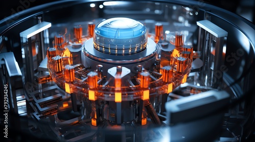 Close-up of a fusion reactor model, highlighted with blue and orange lights, emphasizing advanced energy technology