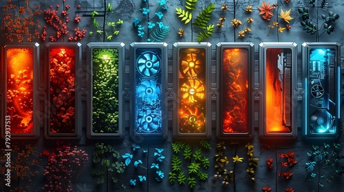 A digital artwork showcasing the evolution of graphic cards, arranged chronologically from left to right.