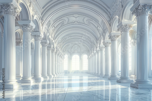 A large white marble corridor with arched columns. Created with Ai