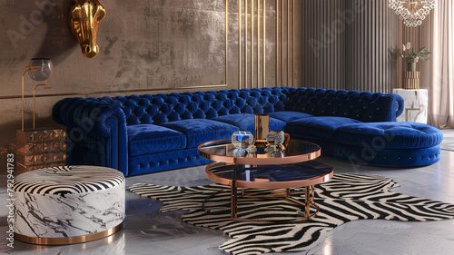 A panoramic view capturing the entire breadth of a living room with a cobalt blue velvet sofa, an elegant rose gold coffee table, and subtle gold wall accents. 
