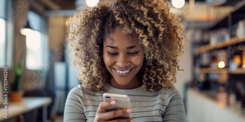 Business phone, office, and smiling black woman for networking, online negotiating, and sales feedback via email. Happy corporate worker using phone or smartphone app at work