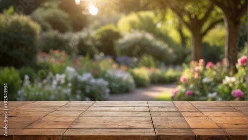Empty wooden table top with blurred beautiful Garden in spring. for display or montage your products. digital ai