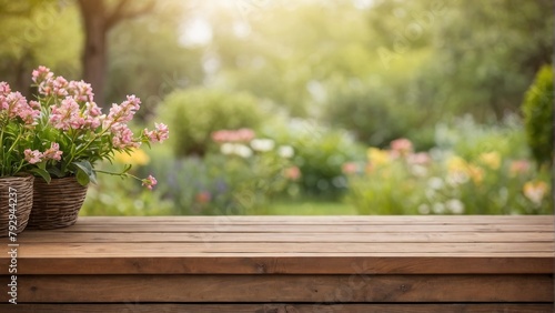 Empty wooden table top with blurred beautiful Garden in spring. for display or montage your products. digital ai