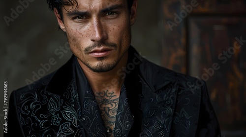 A black velvet smoking jacket with intricate paisley patterns, perfect for a sophisticated evening look