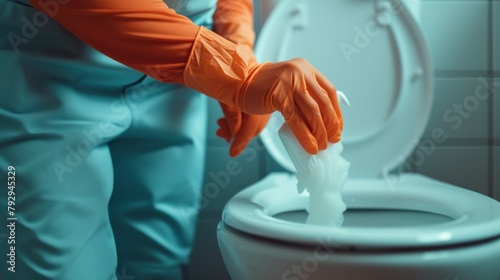 Close up hands women wearing orange protect glove using liquid cleaning solution cleaning flush toilet, disinfection and hygiene concept