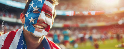 US American football soccer fans in a stadium supporting the national team, Face painted in flag colors, Soccer Boys 