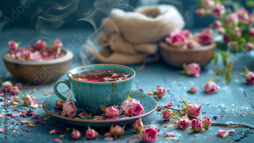 Cup of healthy dry rose tea and dry rose flowers. Mortars of dry rose and sachets on background
