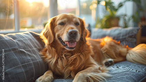  A happy golden retriever dog sitting on the sofa. Created with Ai