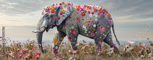 Elephant covered in flowers, full bodied