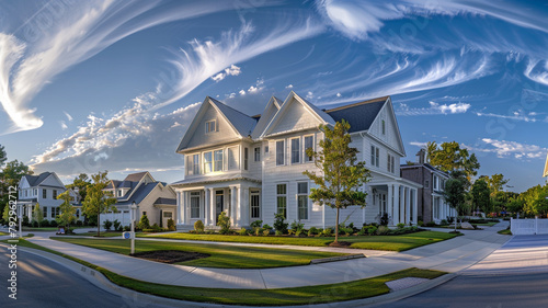 Panoramic street view of an elegant eggshell white house with siding, its grandeur magnified by the surrounding suburban greenery under a blue sky.