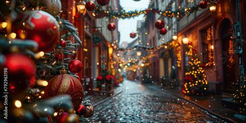 Christmas Decorated Cobblestone Street in the Rain with Garlanded Trees