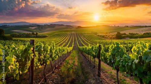 Lush Tuscany Grapevines Basking in Radiant Sunset Glow